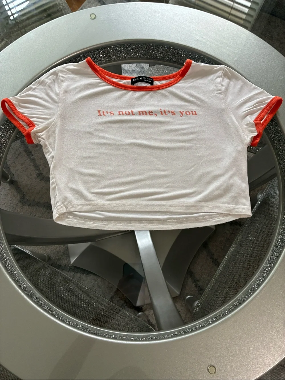 SHEIN White Cropped Tee with Orange Trim & Slogan